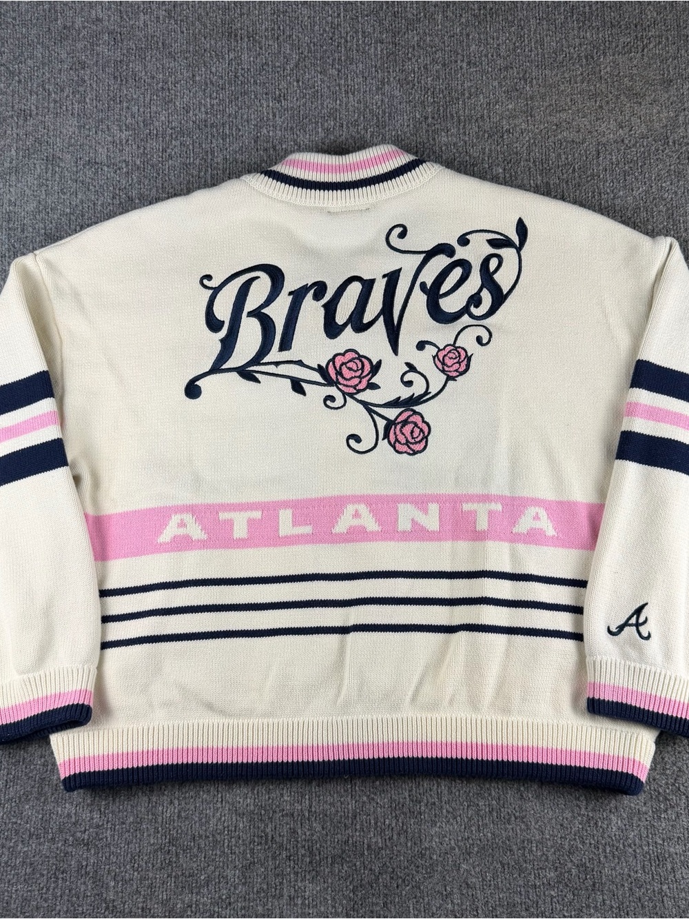 Anthropologie Atlanta Braves Knit Sweater Womens XL Cream Pink Zip Up Baseball - Picture 4 of 8